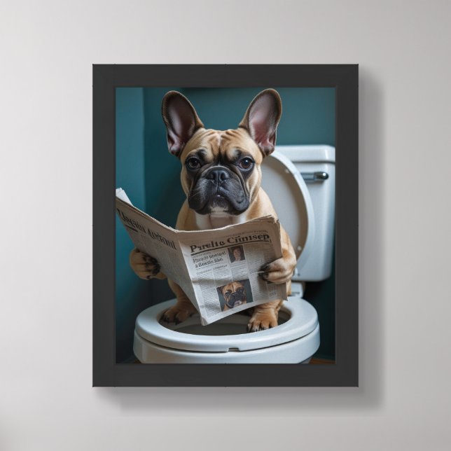 French Bulldog Sitting On Toilet Funny  Framed Art (Framed Front)