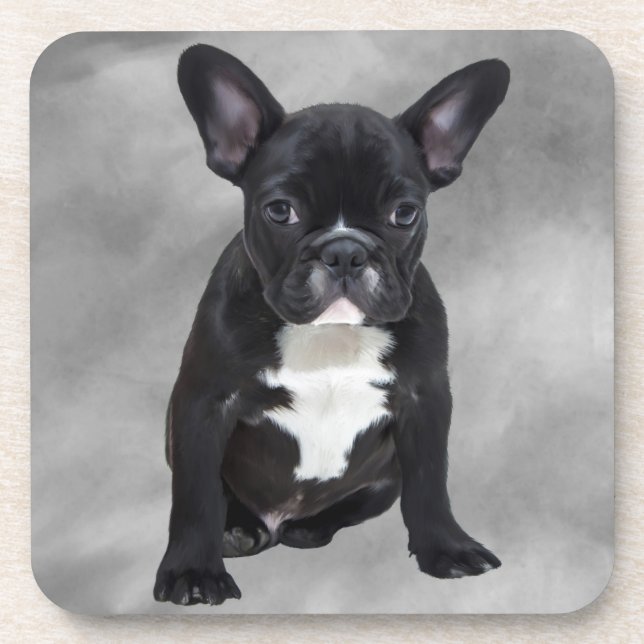 French Bulldog Sitting Watercolor Oil Painting Drink Coaster (Front)