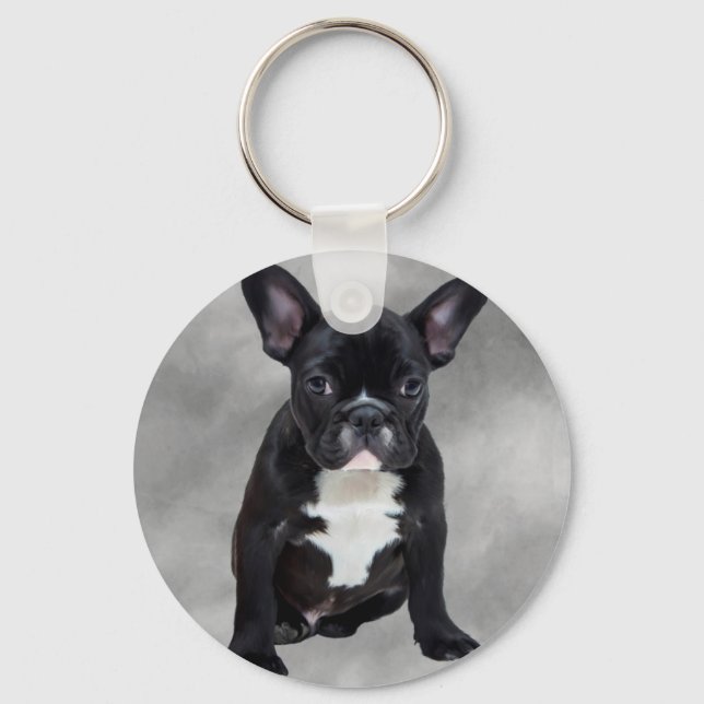 French Bulldog Sitting Watercolor Oil Painting Keychain (Front)