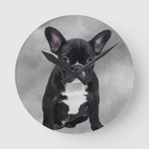 French Bulldog Sitting Watercolor Oil Painting Round Clock