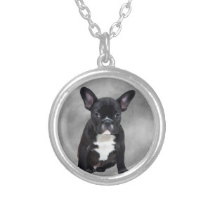 French Bulldog Sitting Watercolor Oil Painting Silver Plated Necklace