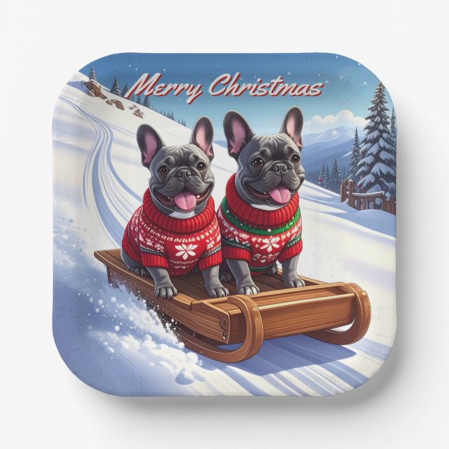 French Bulldog Sled Ride Christmas Paper Plates (Front)