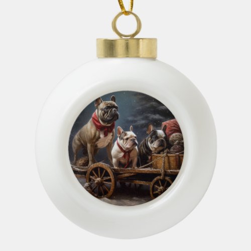 French Bulldog Snowy Sleigh Christmas Decor Ceramic Ball Christmas Ornament