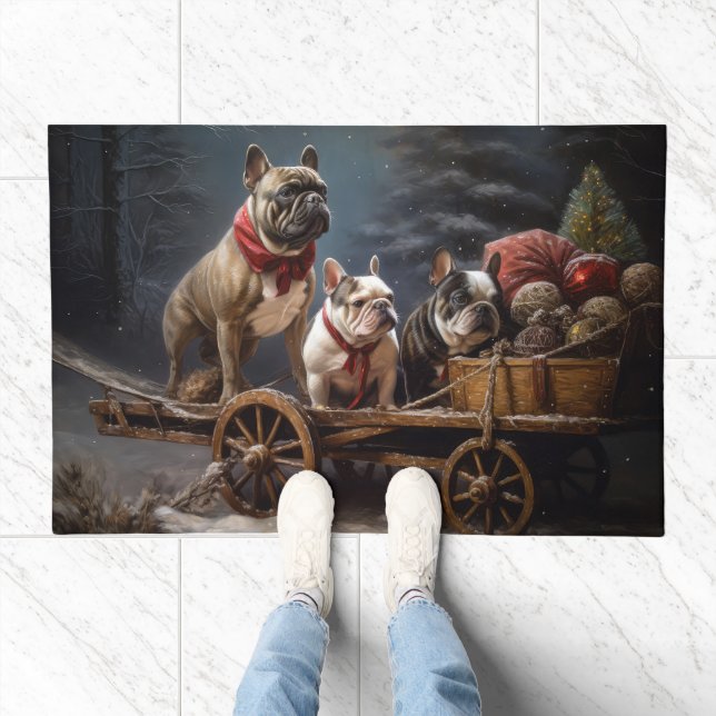 French Bulldog Snowy Sleigh Christmas Decor Doormat (Indoor)