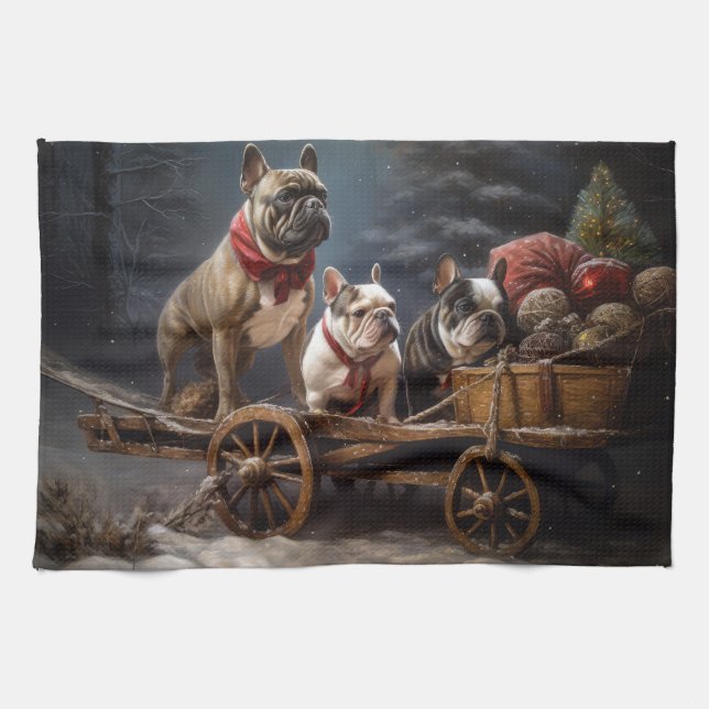 French Bulldog Snowy Sleigh Christmas Decor Kitchen Towel (Horizontal)