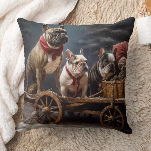 French Bulldog Snowy Sleigh Christmas Decor Throw Pillow (Blanket)