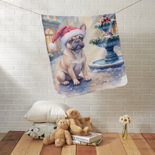 French Bulldog Snowy Town Fountain Santa Christmas Baby Blanket (In Situ)