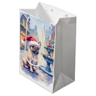 French Bulldog Snowy Town Fountain Santa Christmas Medium Gift Bag