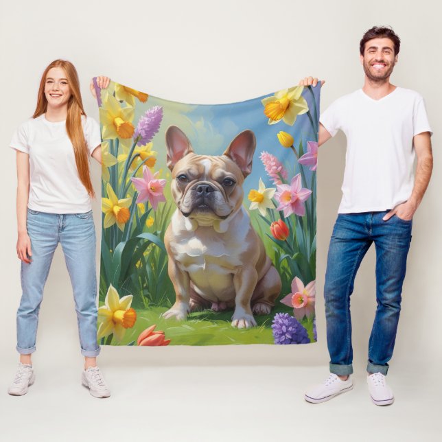 French Bulldog Spring Flowers Painting Fleece Blanket (In Situ)