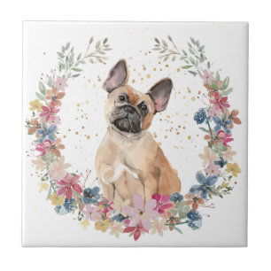 French Bulldog Spring Flowers Wreath Ceramic Tile