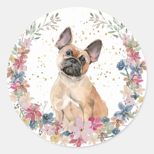 French Bulldog Spring Flowers Wreath Classic Round Sticker (Front)