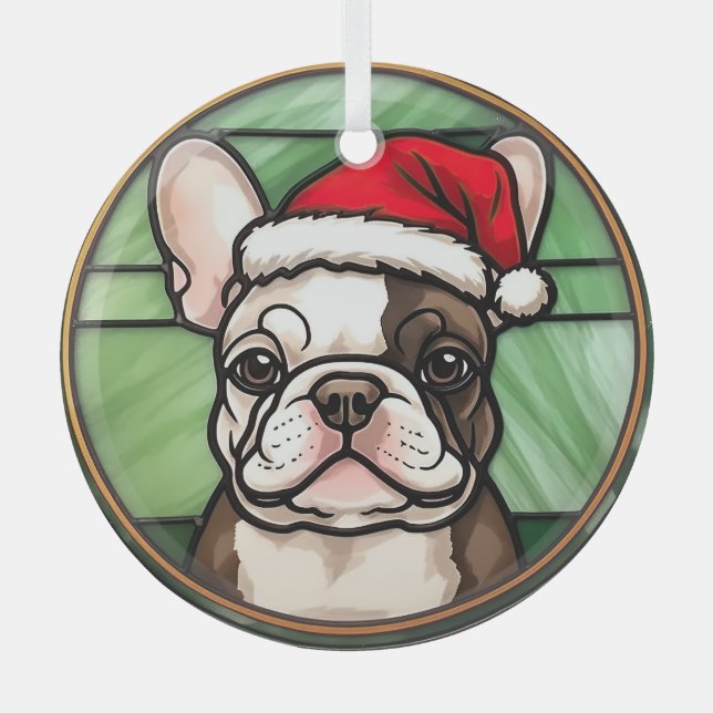 French Bulldog Stained Glass Christmas Glass Ornament (Front)