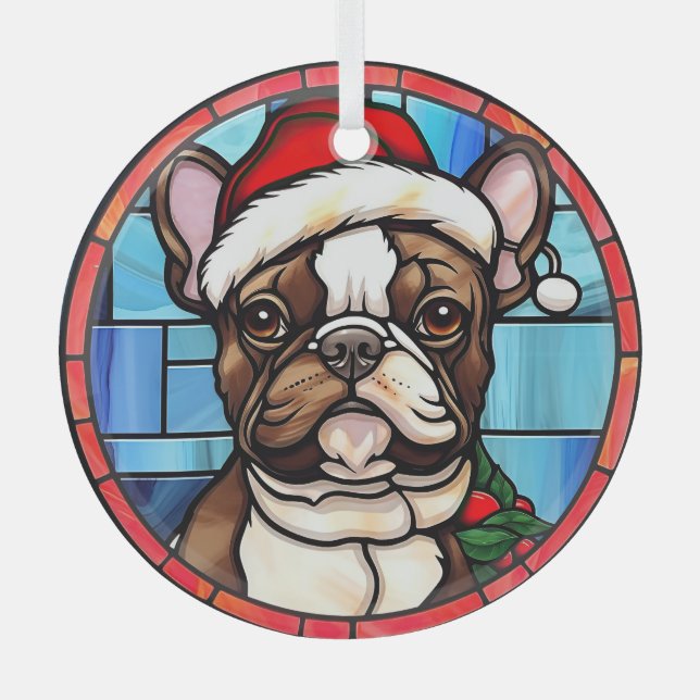 French Bulldog Stained Glass Christmas  Glass Ornament (Front)