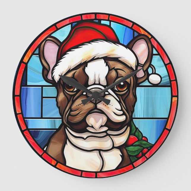 French Bulldog Stained Glass Christmas  Large Clock (Front)