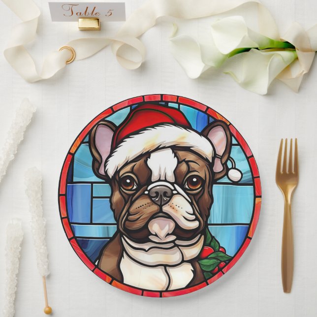French Bulldog Stained Glass Christmas  Paper Plates (Wedding)
