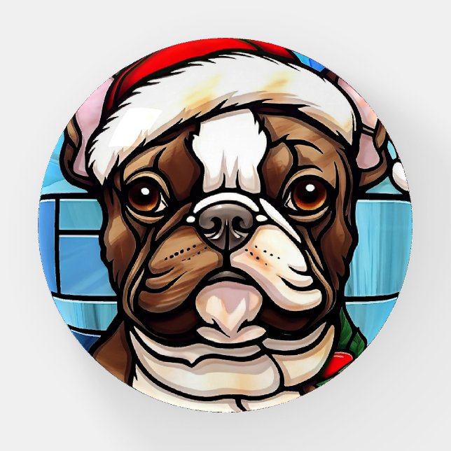 French Bulldog Stained Glass Christmas  Paperweight (Front)