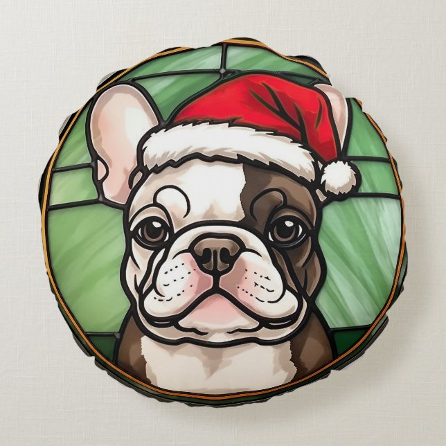 French Bulldog Stained Glass Christmas Round Pillow (Back)