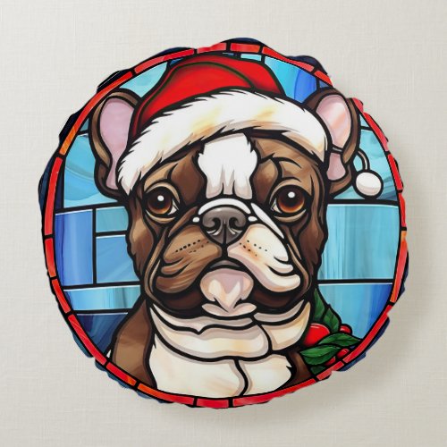 French Bulldog Stained Glass Christmas  Round Pillow