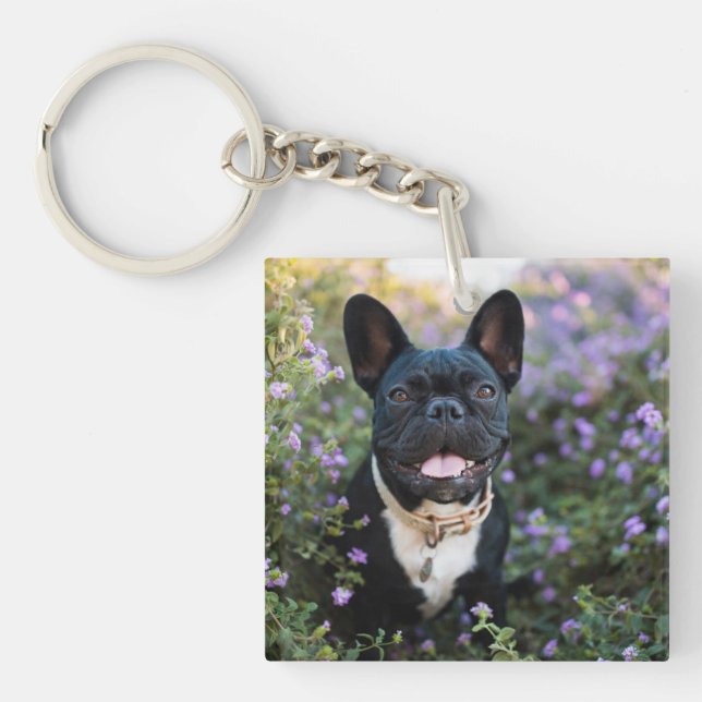 French Bulldog Stands in Flowers Keychain (Front)
