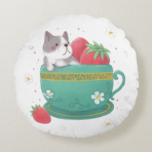 French Bulldog, Strawberries & Cup Illustration Round Pillow