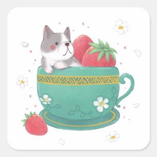 French Bulldog, Strawberries & Cup Illustration Square Sticker