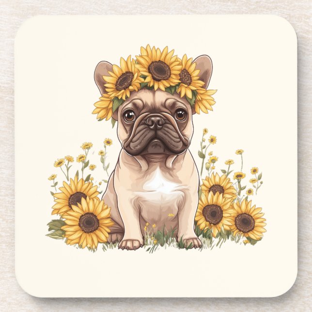 French Bulldog Surrounded By Sunflowers Beverage Coaster (Front)