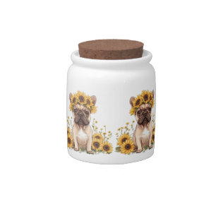 French Bulldog Surrounded By Sunflowers Candy Jar