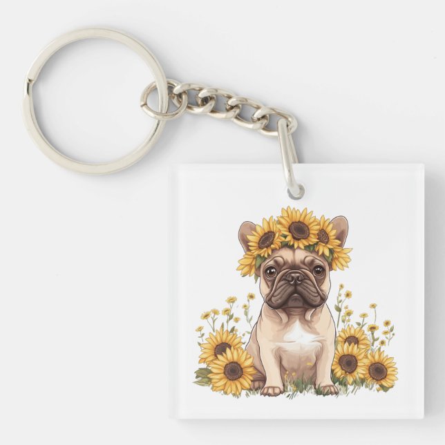 French Bulldog Surrounded By Sunflowers Keychain (Front)