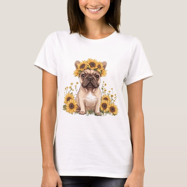 French Bulldog Surrounded By Sunflowers T-Shirt (Front)
