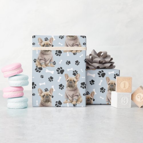 French Bulldog Sweater Paw Print Pattern Wrapping Paper