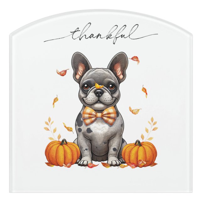 French Bulldog Thankful Fall Leaves Pumpkins Door Sign (Contour Front)