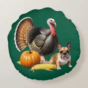 French Bulldog Thanksgiving French Bulldog Round Pillow