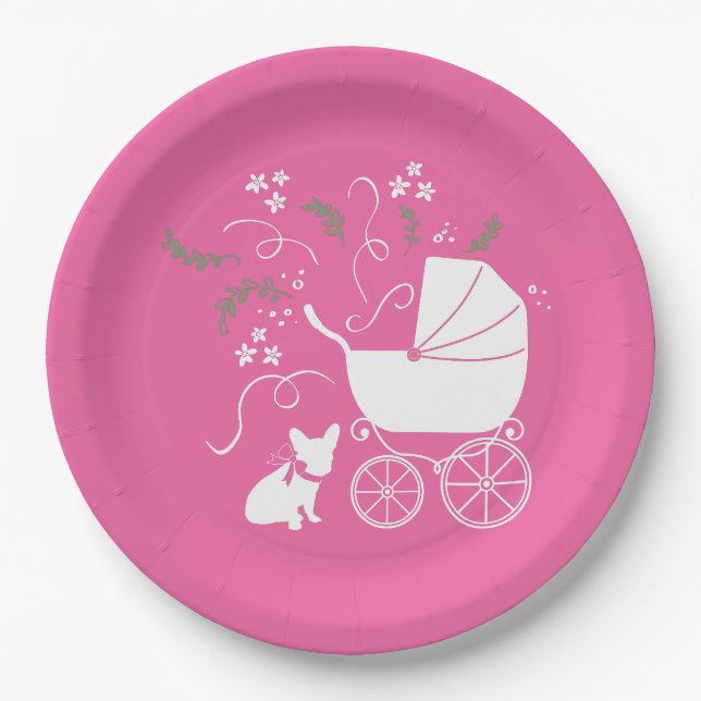 French Bulldog Theme Party - Baby Shower Pink Paper Plates (Front)