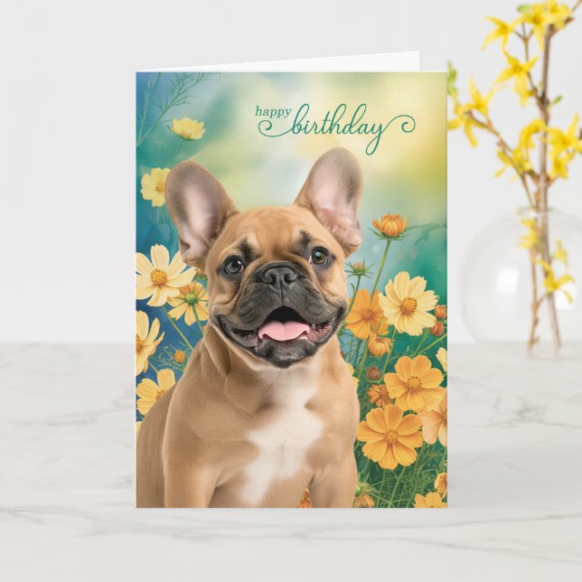 French Bulldog Tiny Orange Cosmos Birthday Card (Yellow Flower)