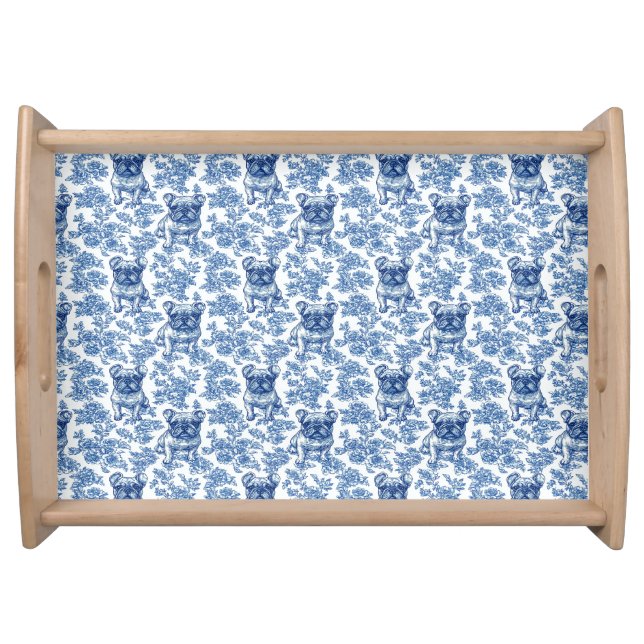 French Bulldog Toile Blue Serving Tray (Front)