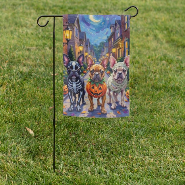 French Bulldog Trick-or-Treating Halloween Costume Garden Flag (In SItu)