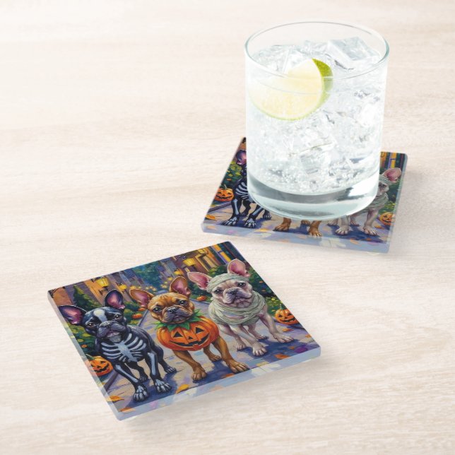 French Bulldog Trick-or-Treating Halloween Costume Glass Coaster (Angled)