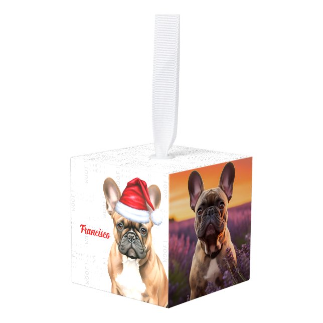 French Bulldog Two Photo Christmas Holiday Cube Ornament (Front Angled)