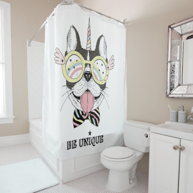 French Bulldog Unicorn Shower Curtain (In Situ)