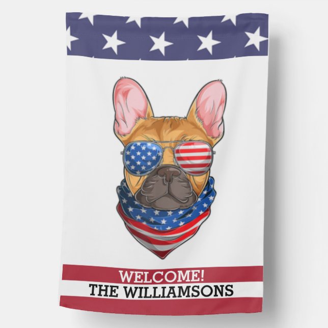French Bulldog, USA American Flag Custom Welcome (Front)