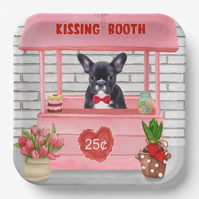 French Bulldog Valentine's Day Kissing Booth Paper Plates (Front)