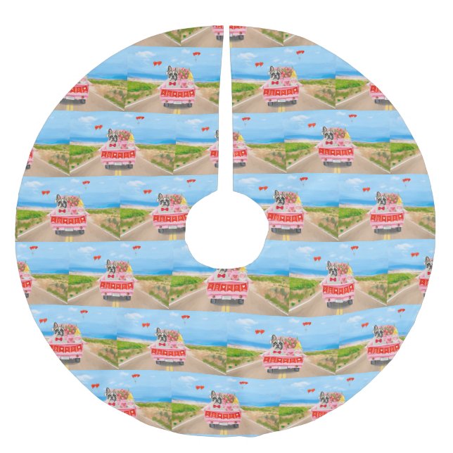 French Bulldog Valentine's Day Truck Brushed Polyester Tree Skirt (Front)