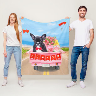 French Bulldog Valentine's Day Truck  Fleece Blanket