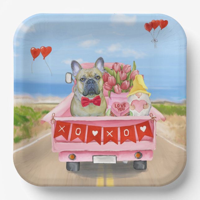 French Bulldog Valentine's Day Truck Paper Plates (Front)