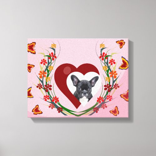 French Bulldog w Heart Flowers Butterflies Canvas Print