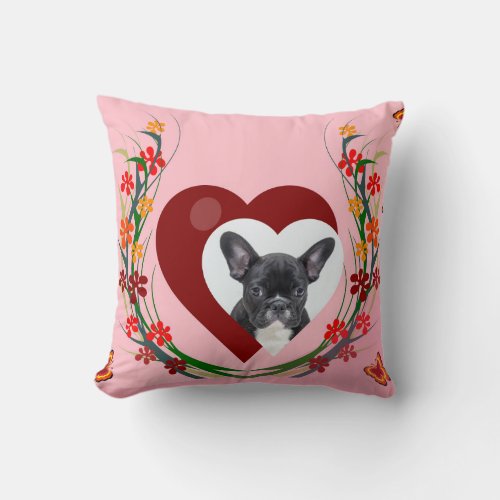 French Bulldog w Heart Flowers Butterflies Pillow