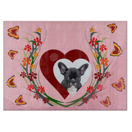 French Bulldog w Heart Flowers Cutting Board