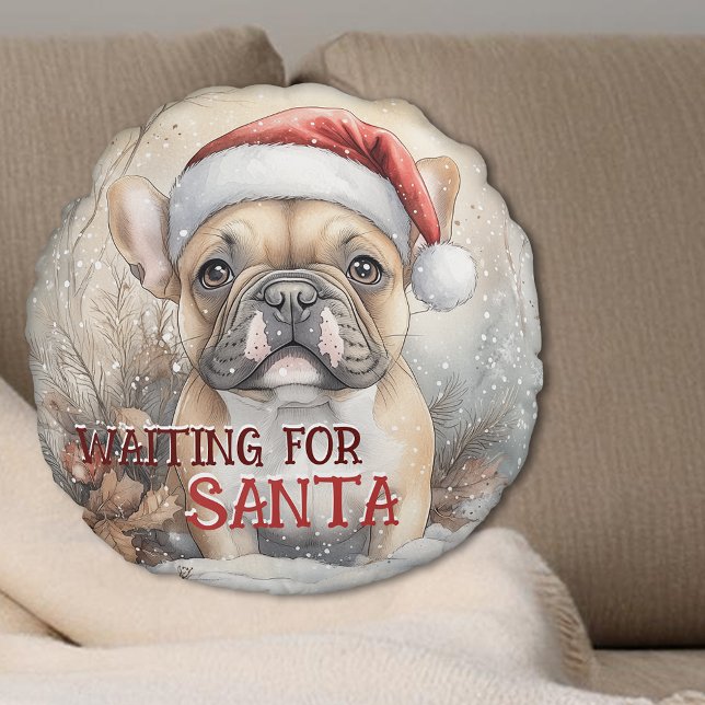 French Bulldog Waiting For Santa Christmas Round Pillow (French Bulldog Waiting For Santa Christmas Round Pillow - Personalize with your own message)