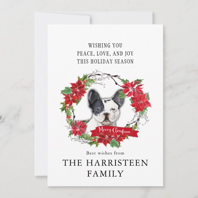 French Bulldog Watercolor Poinsettia Christmas Holiday Card (Front)
