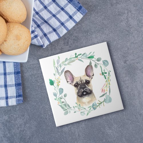 French Bulldog Watercolor Wreath Ceramic Tile